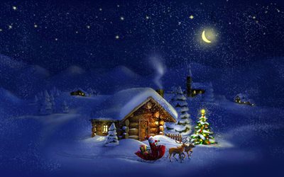 winter, Christmas, night, house in the mountains, Santa Claus, sleigh, deer, Christmas tree, New Year