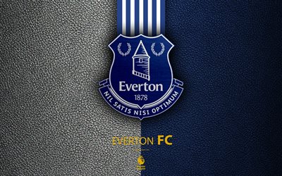 Everton FC, 4K, English football club, leather texture, Premier League, Everton logo, emblem, Liverpool, England, United Kingdom, football
