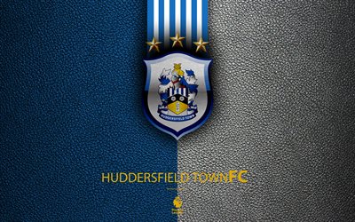 Huddersfield Town FC, 4K, English football club, leather texture, Premier League, logo, emblem, Huddersfield, England, UK, football