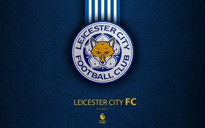 Leicester City FC, 4k, English football club, leather texture, Premier League, logo, emblem, Leicester, England, UK, football