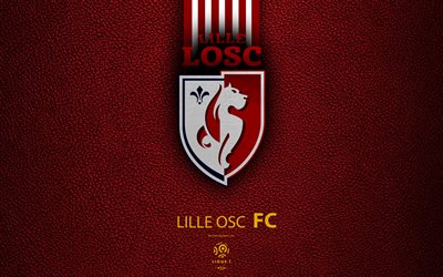 Lille OSC, FC, 4K, French Football Club, Ligue 1, leather texture, logo, emblem, Lille, France, football