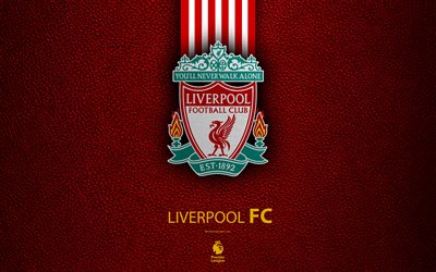 Liverpool FC, 4K, English football club, leather texture, Premier League, Liverpool logo, emblem, Liverpool, England, United Kingdom, football
