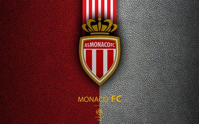 AS Monaco FC, 4K, French football club, Ligue 1, leather texture, logo, emblem, Monaco, football