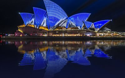 Sydney Opera House, Sydney, Australia, y&#246;, musiikkiteatteri, sininen valaistus, moderni arkkitehtuuri, Sydneyn maamerkeist&#228;