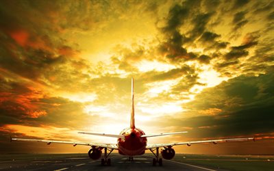 aereo passeggeri, 4k, tramonto, aereo di linea, pista di atterraggio