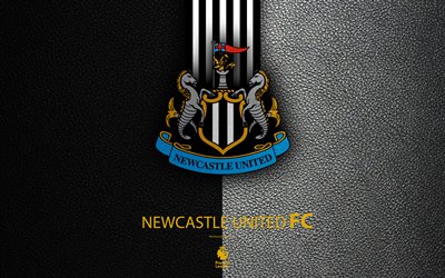 Newcastle United FC, 4K, English football club, leather texture, Premier League, logo, emblem, Newcastle upon Tyne, England, United Kingdom, football