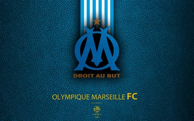 Olympique Marseille, FC, 4K, French football club, Ligue 1, leather texture, OM logo, emblem, Marseille, France, football