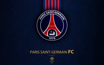 Paris Saint-Germain, PSG, 4K, French Football Club, Ligue 1, leather texture, PSG logo, emblem, Paris, France, football