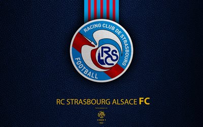 RC Strasbourg Alsace FC, 4K, French football club, Ligue 1, leather texture, Strasbourg FC logo, emblem, Strasbourg, France, football