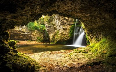 grotto, lake, rocks, waterfall, beautiful lake