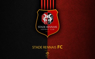 Stade Rennais FC, 4K, French football club, Ligue 1, leather texture, logo, emblem, Rennes, France, football