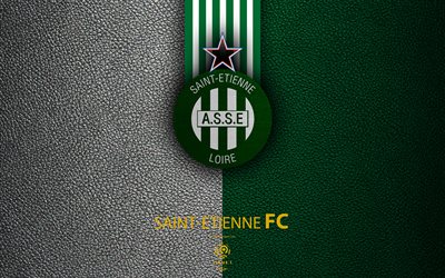 AS Saint-Etienne, FC, 4K, French football club, Ligue 1, leather texture, logo, emblem, Saint-Etienne, France, football
