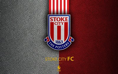 Stoke City FC, FC, 4K, English Football Club, leather texture, Premier League, logo, emblem, Stoke-on-Trent, England, United Kingdom, football