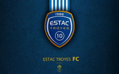 ON Troyes AC, 4K, Ranskan football club, Ligue 1, nahka rakenne, logo, tunnus, Troyes, Ranska, jalkapallo, Troyes FC