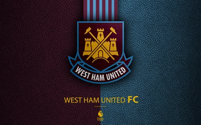 West Ham United FC, 4K, English football club, leather texture, Premier League, logo, emblem, London, England, UK, football