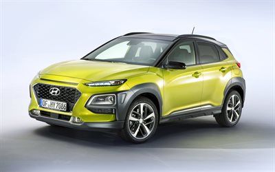 Hundai Kona, 2017, 4k, auto nuove, crossover compatto, di colore giallo Kona, Sud coreano auto, Hundai