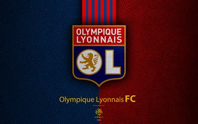 Olympique Lyonnais FC, 4K, French football club, Ligue 1, leather texture, OL logo, emblem, Lyon, France, football