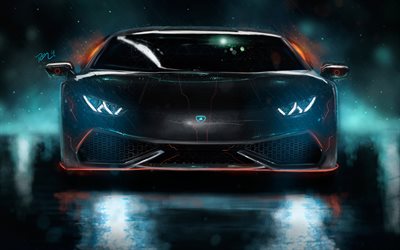 4k, Lamborghini Huracan, arte, 2017 carros, ajuste, supercarros, preto huracan, Lamborghini