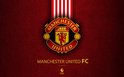 Manchester United FC, 4K, English football club, leather texture, Premier League, MU logo, emblem, Newton Heath, Manchester, England, United Kingdom, football