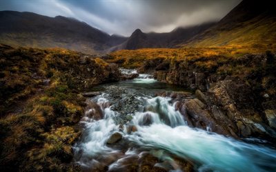 Cuillin Cascade, mountain landscape, autumn, mountain river, fog, Highland, Scotland