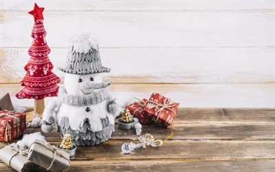 Christmas, winter, snowman, red fabric tree, scenery, box gifts, New Year, snowmen
