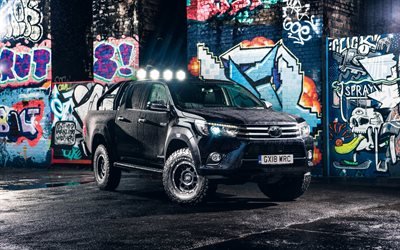 Toyota Hilux, tuning, 2018 cars, SUVs, graffiti, night, black Hilux, japanese cars, Toyota