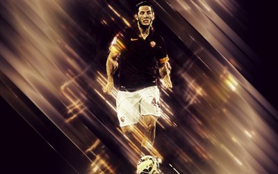 Konstantinos Manolas, 4k, creative art, blades style, defender, AS Roma, Greek footballer, Serie A, Italy, burgundy creative background, football