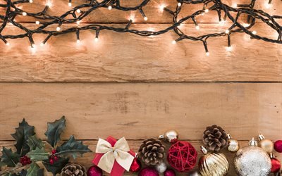 garland, christmas, new year, lights, wooden boards, wooden texture background