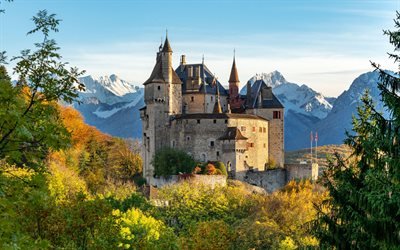 Menthon castle, autumn, forest, landmark, medieval castle, Menthon-Saint-Bernard, Switzerland