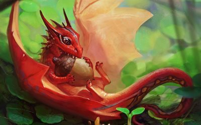 red dragon, fantastik orman, meşe palamudu, ejderha, sanat