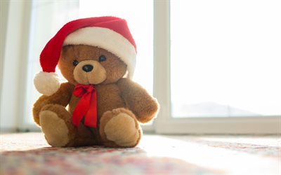 teddy bear, christmas, new year, santa claus, toys, red christmas hat, Merry Christmas