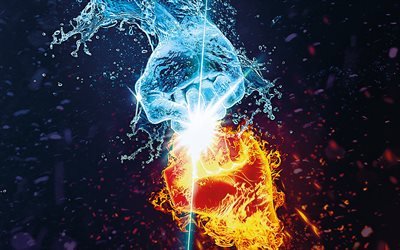 fire vs water, creative, flames, hands, battle, concept