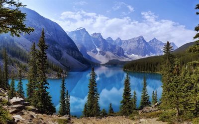 4k, Moraine Lake, mountains, Banff, blue lake, North America, summer, beautiful nature, Banff National Park, Canada, Alberta