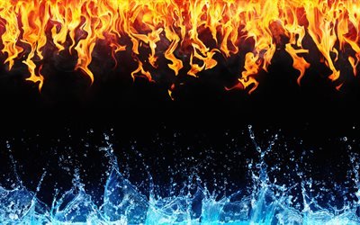 4k, ateş ve su, &#231;er&#231;eve, yaratıcı, sanat, yangın vs su, siyah arka plan
