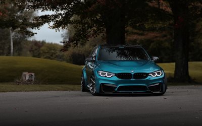 BMW M3, 2018, sports sedan, new blue M3, tuning M3, front view, Blue M3, Evening, F80, BMW