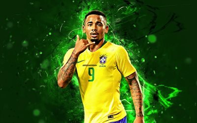 Gabriel Jesus, goal, Brazil National Team, striker, football, soccer, Jesus, forward, neon lights, Brazilian football team