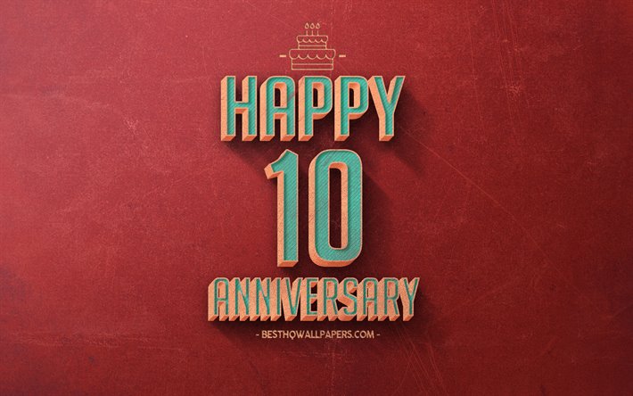 10周年記念, 赤いレトロな背景, 10周年記念サイン, レトロ周年記念の背景, レトロアート, 嬉しい10周年記念, 周年記念の背景