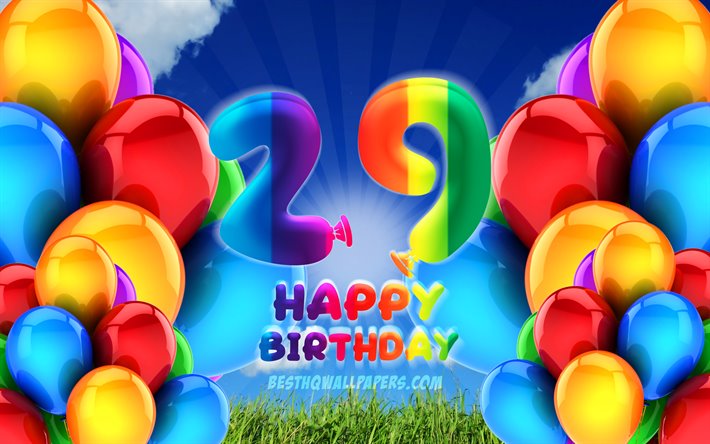 4k, 幸せに29歳の誕生日, 曇天の背景, 誕生パーティー, カラフルなballons, 作品, 29歳の誕生日, 誕生日プ, 29日に誕生パーティー