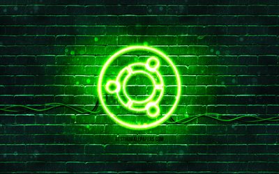 ubuntu-green-logo, 4k, brickwall green, ubuntu-logo, linux, ubuntu neon-logo, ubuntu