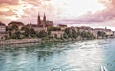 Basel, Rhine river, Basel Minster, landmark, Swiss city, evening, sunset, Basel cityscape, Switzerland