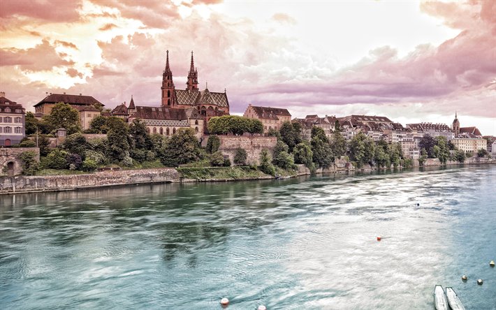 Basel, Rhine river, Basel Minster, landmark, Swiss city, evening, sunset, Basel cityscape, Switzerland