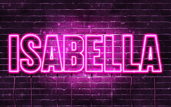 Isabella, 4k, wallpapers with names, female names, Isabella name, purple neon lights, horizontal text, picture with Isabella name
