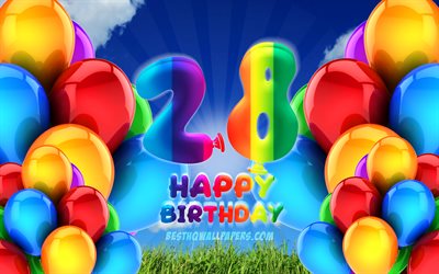 4k, 嬉しい28歳の誕生日, 曇天の背景, 誕生パーティー, カラフルなballons, 嬉しい誕生日-28日, 作品, 28歳の誕生日, 誕生日プ, 28日の誕生日パーティー