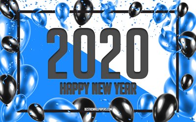 frohes neues jahr 2020, blaue luftballons-hintergrund, 2020 konzepte, blue 2020 hintergrund, blau, schwarz, luftballons, kreative 2020 hintergrund, 2020 neue jahr, weihnachten hintergrund
