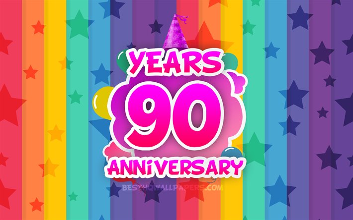 4k, 90 Years Anniversary, colorful clouds, Anniversary concept, rainbow background, 90th anniversary sign, creative 3D letters, 90th anniversary
