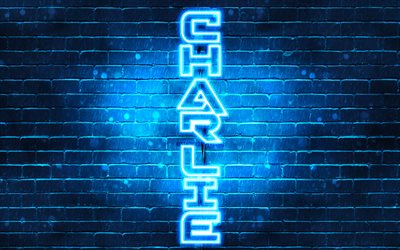 4K, Charlie, pystysuora teksti, Charlie nimi, taustakuvia nimet, blue neon valot, kuva Charlie nimi