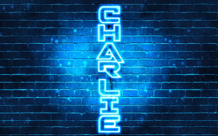 4K, Charlie, il testo verticale, Charlie nome, sfondi per il desktop con nomi, neon blu, foto con Charlie nome