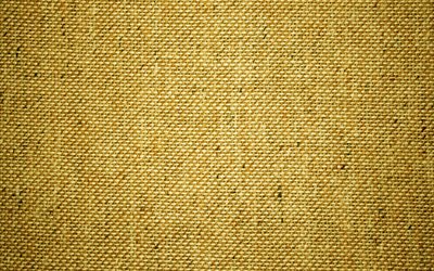 giallo sacco, 4k, giallo tessuto, tela di sacco texture, sfondi tessuto, tessuto texture, sfondo giallo, giallo sacco di sfondo