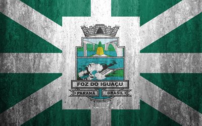Brezilya kentlerinden Foz do Iguacu bayrağı, 4k, taş, arka plan, Brezilya, şehir, grunge bayrak, Foz do Iguacu, Foz do Iguacu bayrak, grunge sanat, taş doku, bayraklar