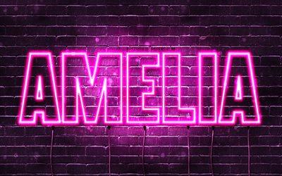 Amelia, 4k, wallpapers with names, female names, Amelia name, purple neon lights, horizontal text, picture with Amelia name